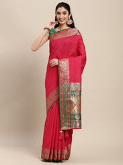 Pink Silk Saree with Green & Golden Woven Border