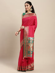 Pink Silk Saree with Green & Golden Woven Border