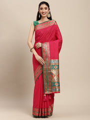 Pink Silk Saree with Green & Golden Woven Border