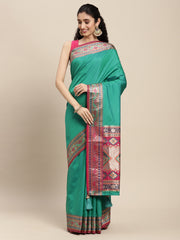 Green Silk Saree with Pink & Golden Woven Border