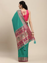 Green Silk Saree with Pink & Golden Woven Border
