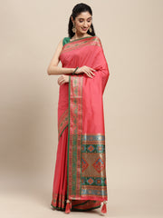 Pink Silk Saree with Green & Golden Woven Border