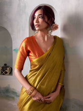 Golden Silk Saree with Rust Border – Traditional Wedding Wear