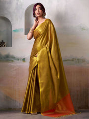 Golden Silk Saree with Rust Border – Traditional Wedding Wear