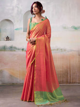 Coral Pink Silk Saree with Green Border – Stylish Party Saree