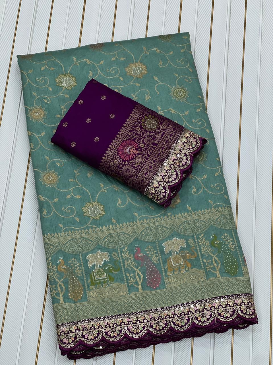 Sea Green Banarasi Silk Saree with Purple Contrast Blouse & Zari Weaving