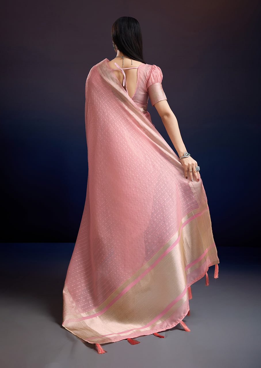 Luxury Blush Pink Saree in Linen Cotton Silk with Beautiful Weaving