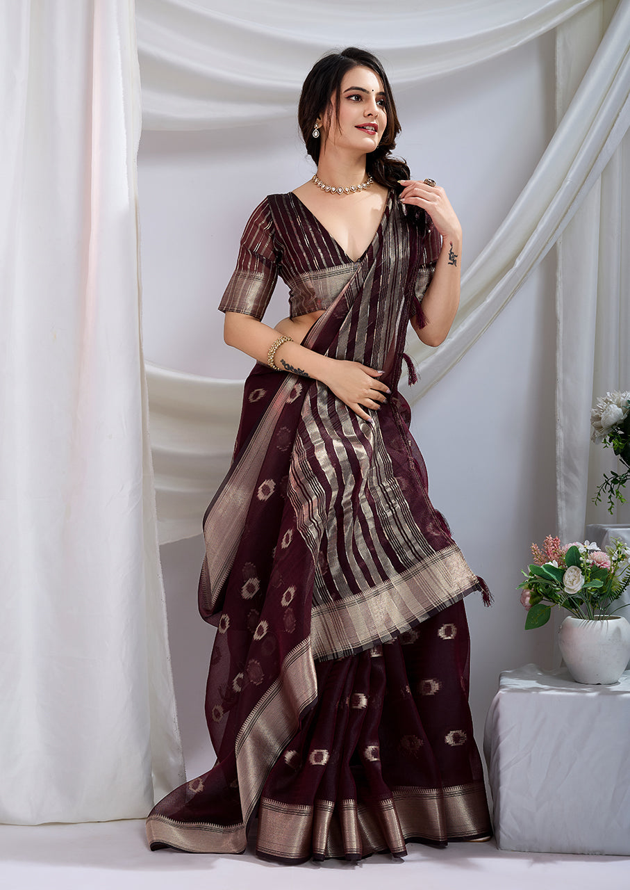 Wine Royale Zari Silk Saree with Stunning Zari Borders – Perfect for Festive Wear