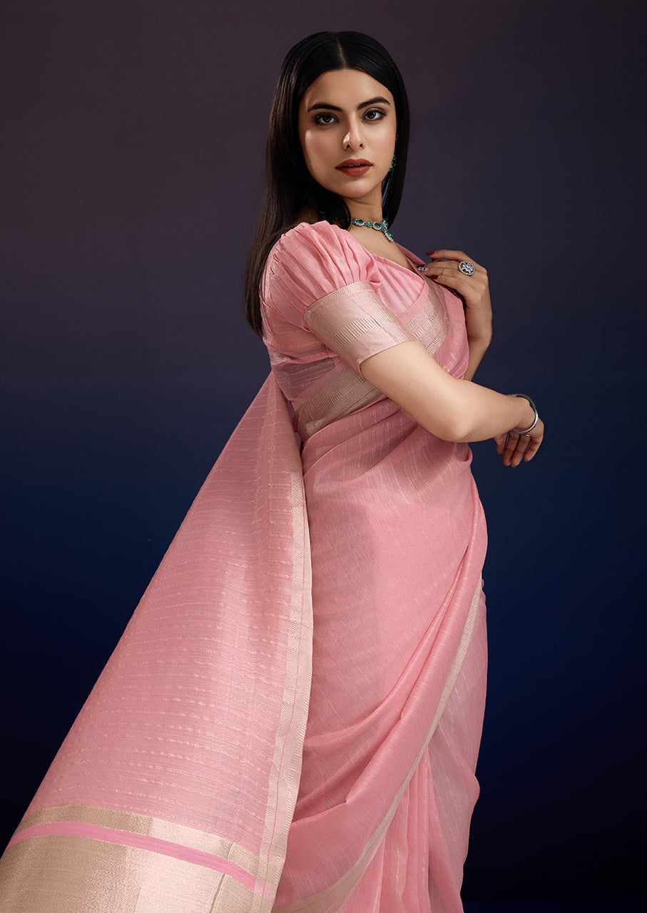 Luxury Blush Pink Saree in Linen Cotton Silk with Beautiful Weaving