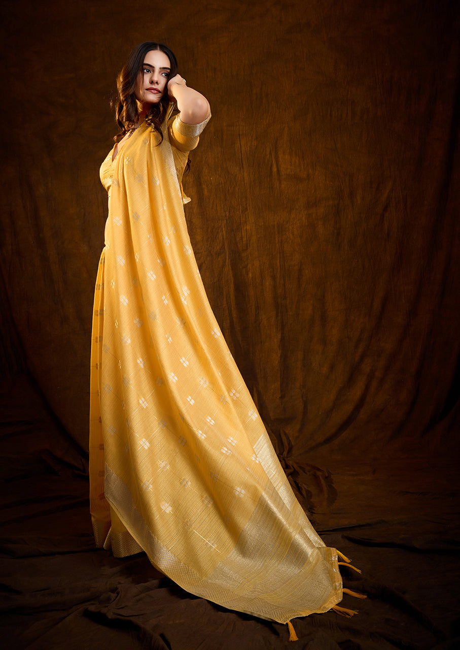 Bright Marigold Yellow Linen Cotton Silk Saree