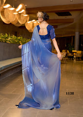 Ocean Blue Fendy Satin Saree – Designer Digital Print with Ombre Fade