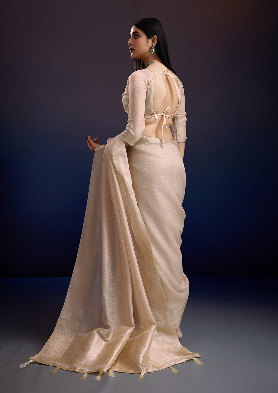 Luxury Ivory Whisper Linen Silk Saree - Ideal for Teachers & Formal Occasions