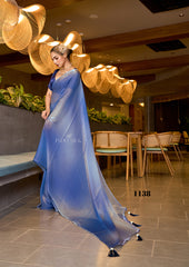 Ocean Blue Fendy Satin Saree – Designer Digital Print with Ombre Fade