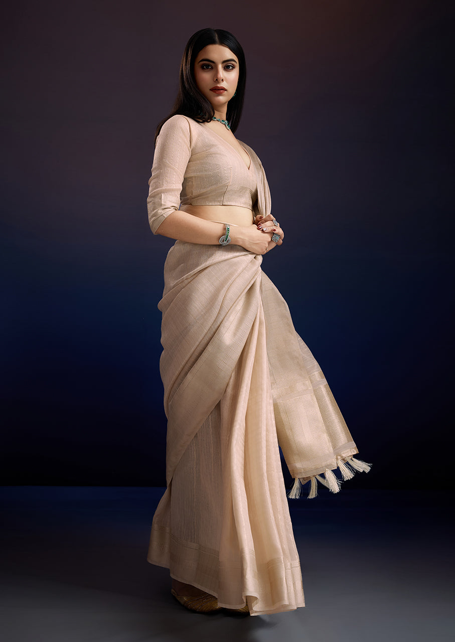 Luxury Ivory Whisper Linen Silk Saree - Ideal for Teachers & Formal Occasions