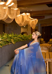 Ocean Blue Fendy Satin Saree – Designer Digital Print with Ombre Fade