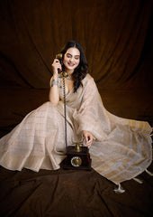 Ivory Gold Linen Silk Saree with Bold Line Weaving
