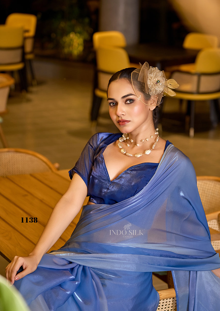 Ocean Blue Fendy Satin Saree – Designer Digital Print with Ombre Fade