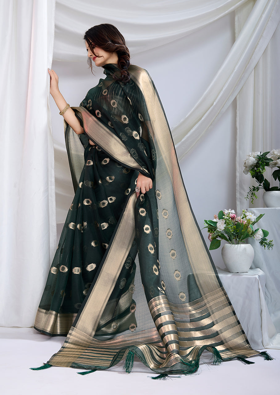 Midnight Green Silk Saree with Detailed Zari Weave