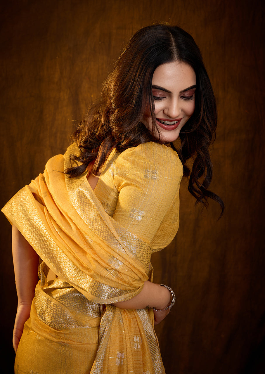 Bright Marigold Yellow Linen Cotton Silk Saree