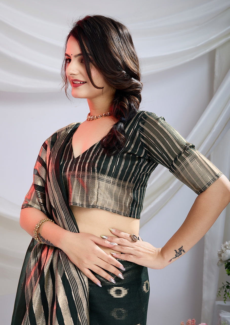 Midnight Green Silk Saree with Detailed Zari Weave