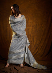 Moonlit Silver Linen Cotton Silk Saree with Zari Border Weaving