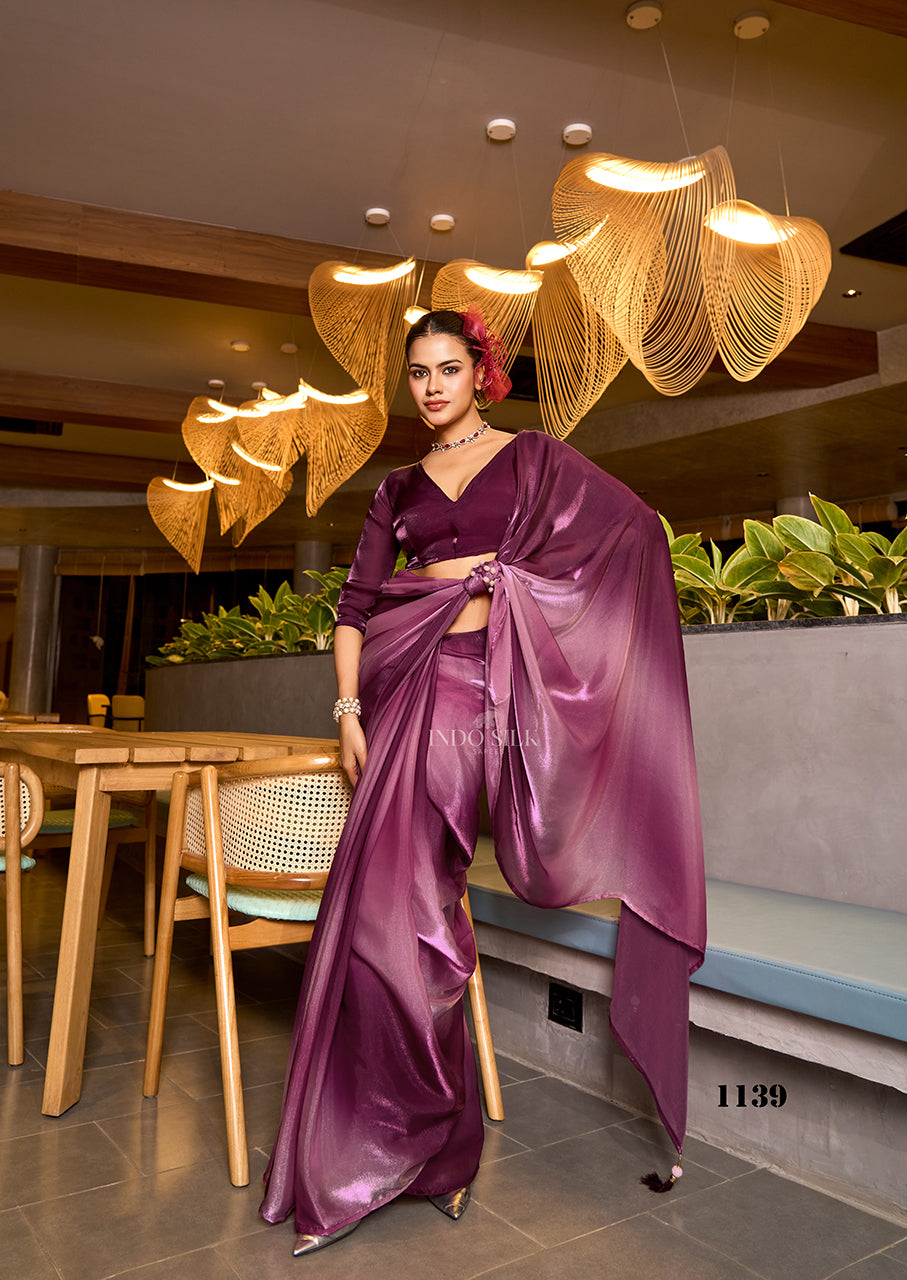 Lavender to Burgundy Ombre Fendy Satin Saree | Designer Digital Print