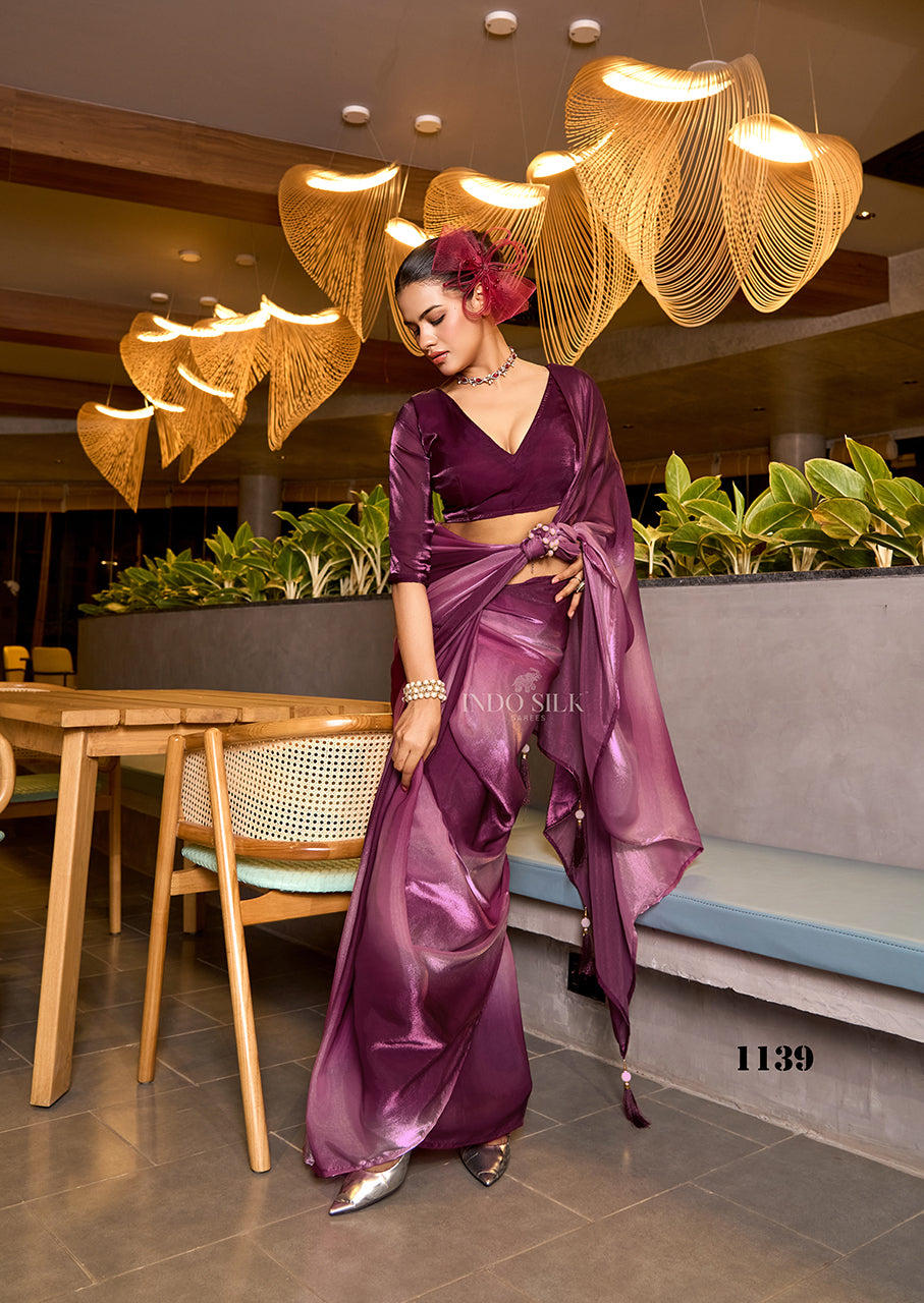 Lavender to Burgundy Ombre Fendy Satin Saree | Designer Digital Print