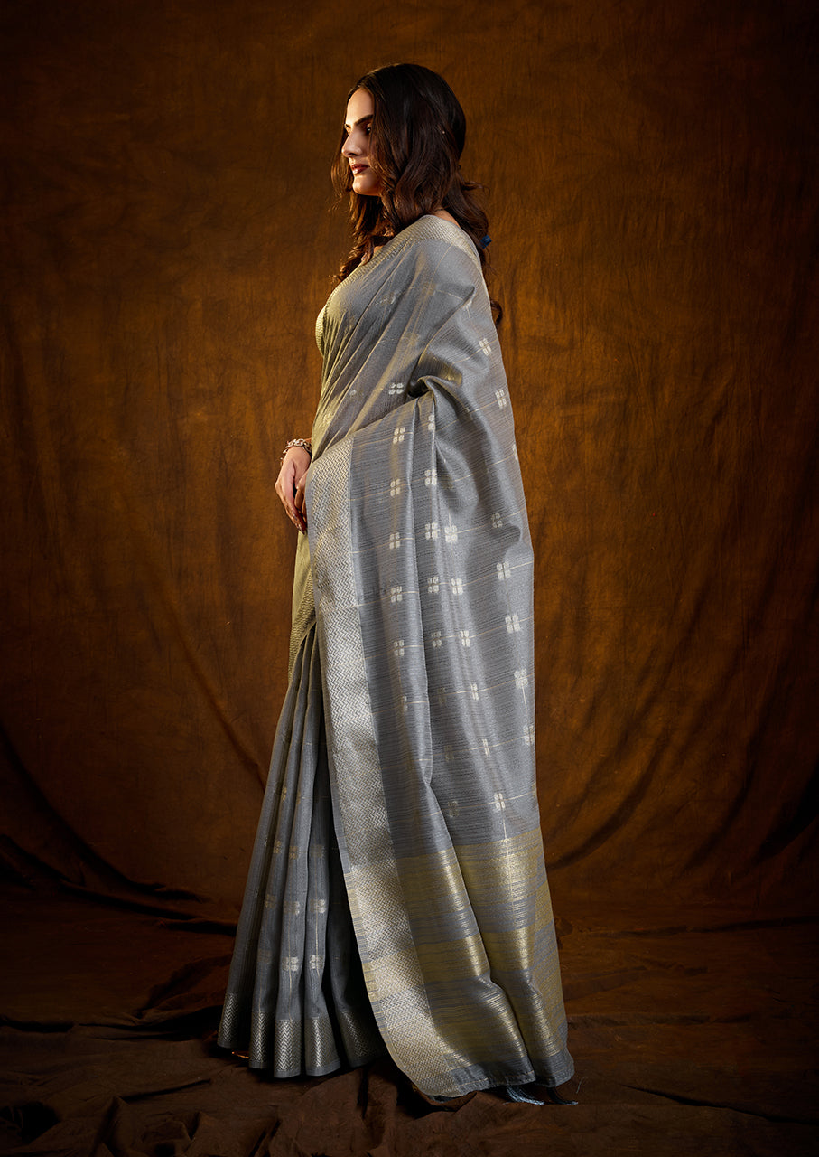 Moonlit Silver Linen Cotton Silk Saree with Zari Border Weaving