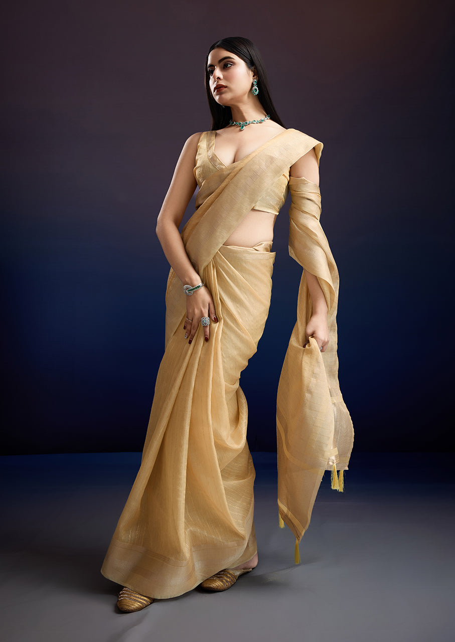 Gold Sand Linen Silk Saree - Elegant Professional Wear for Teachers