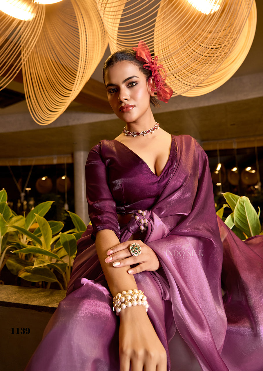 Lavender to Burgundy Ombre Fendy Satin Saree | Designer Digital Print