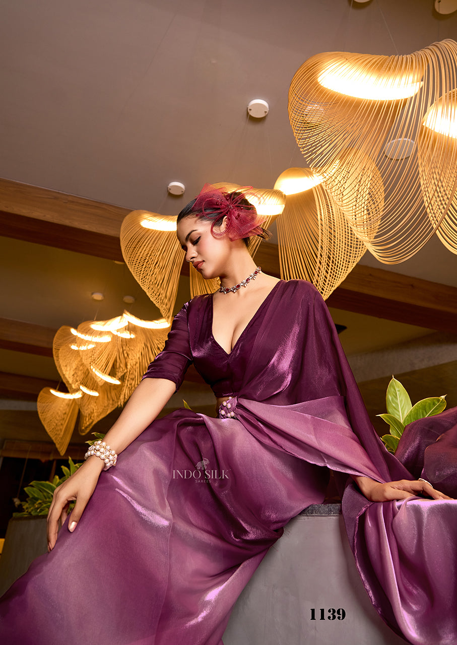 Lavender to Burgundy Ombre Fendy Satin Saree | Designer Digital Print