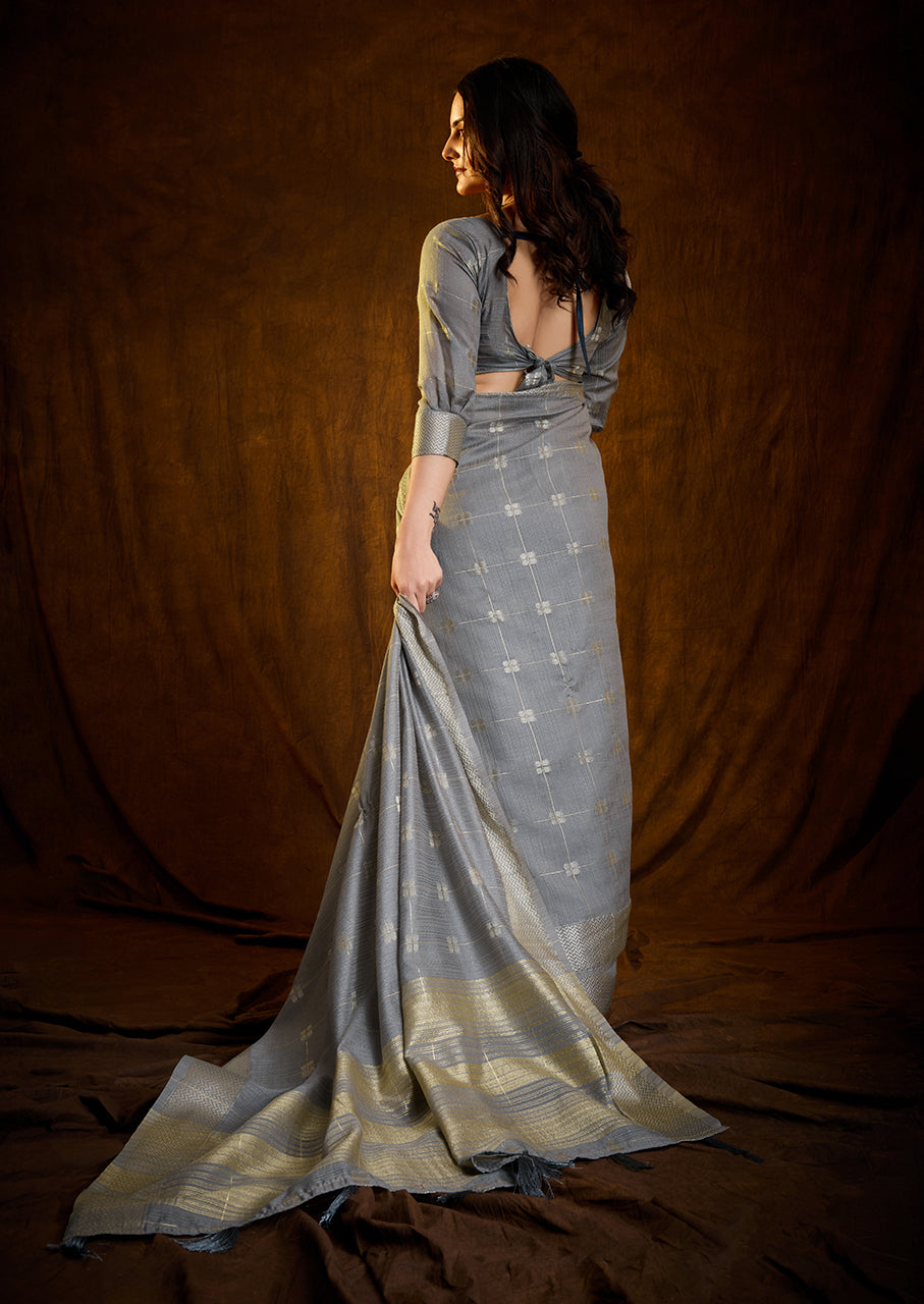 Moonlit Silver Linen Cotton Silk Saree with Zari Border Weaving