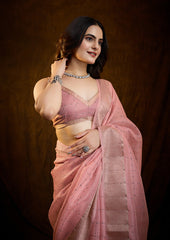 Blush Pink Linen Silk Saree with Bold Line Weaving