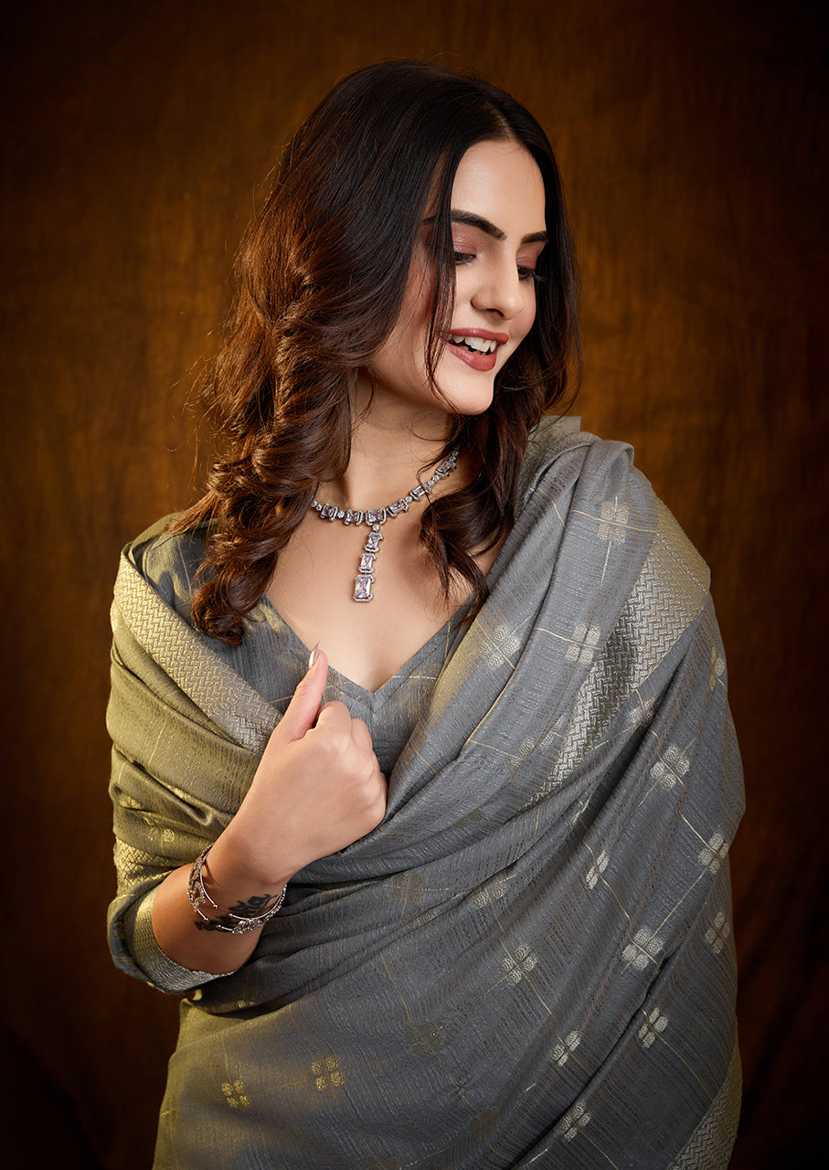 Moonlit Silver Linen Cotton Silk Saree with Zari Border Weaving