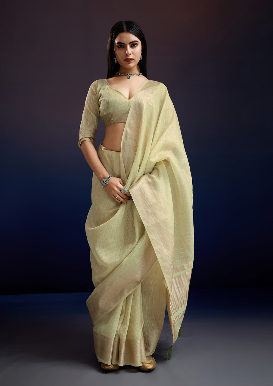 Pastel Green Saree in Linen Silk with Beautiful Fabric Weaving