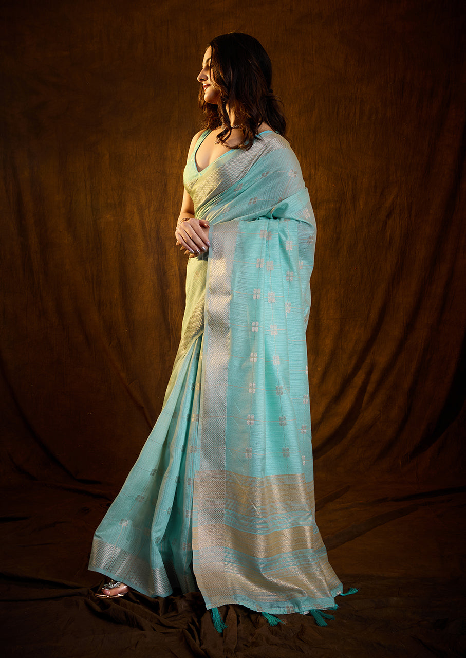 Charming Seafoam Blue Linen Cotton Silk Saree