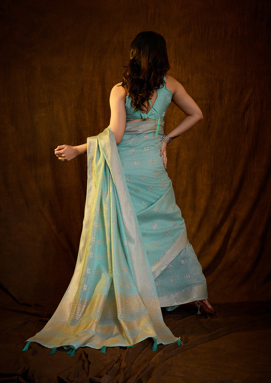 Charming Seafoam Blue Linen Cotton Silk Saree