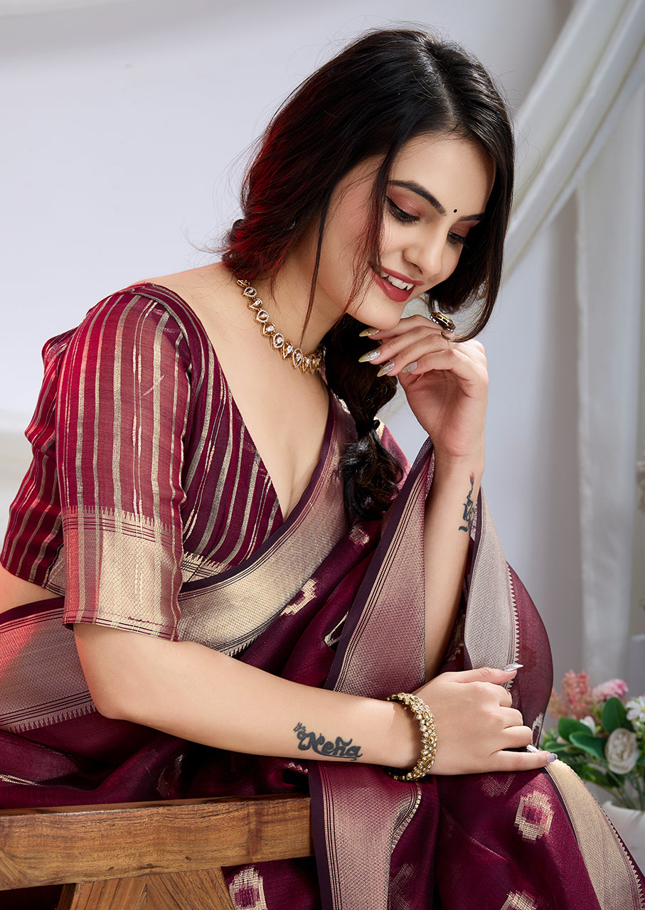 Wine Whisper – Maroon Silk Zari Saree With Detailed Zari Weave