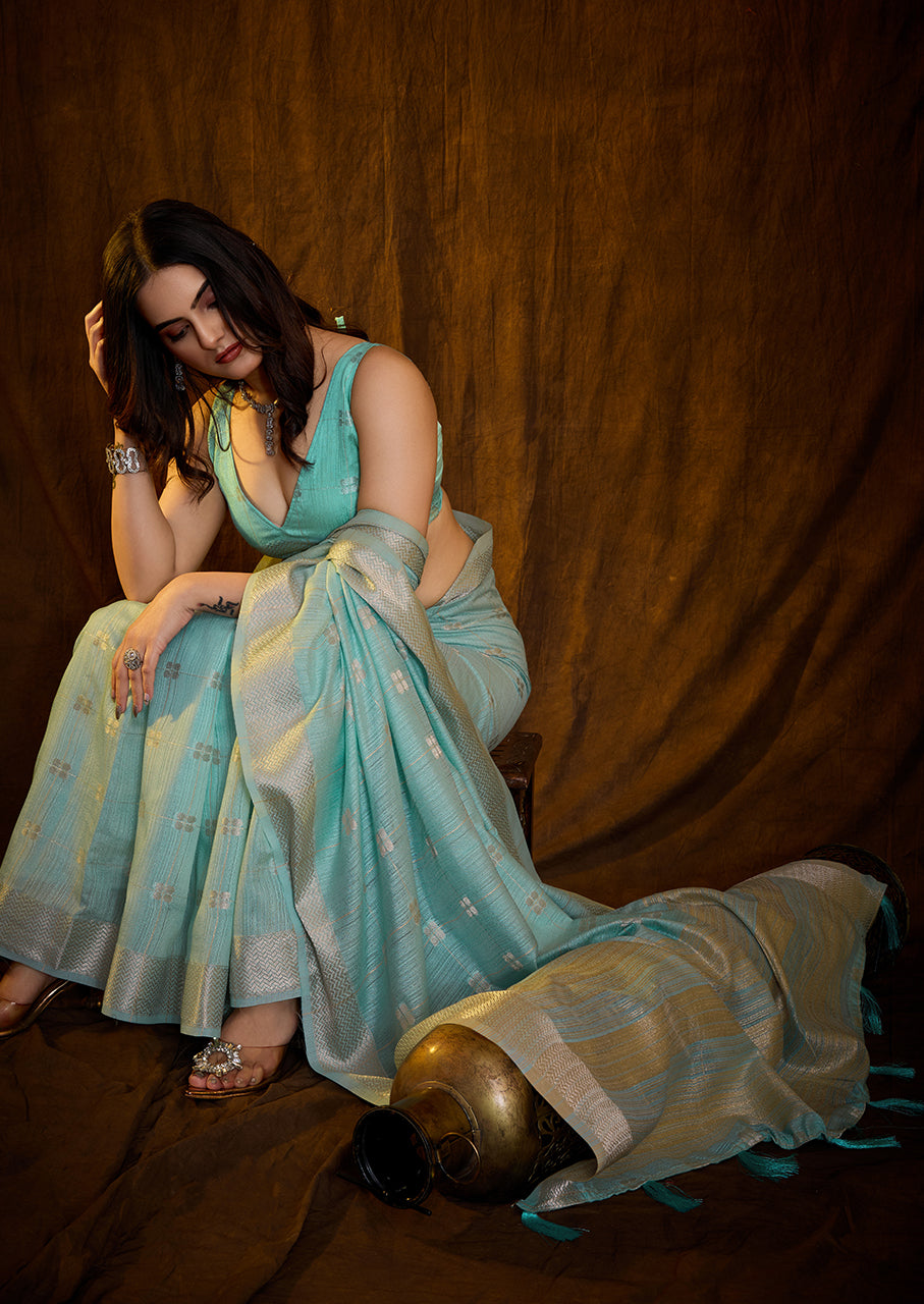 Charming Seafoam Blue Linen Cotton Silk Saree