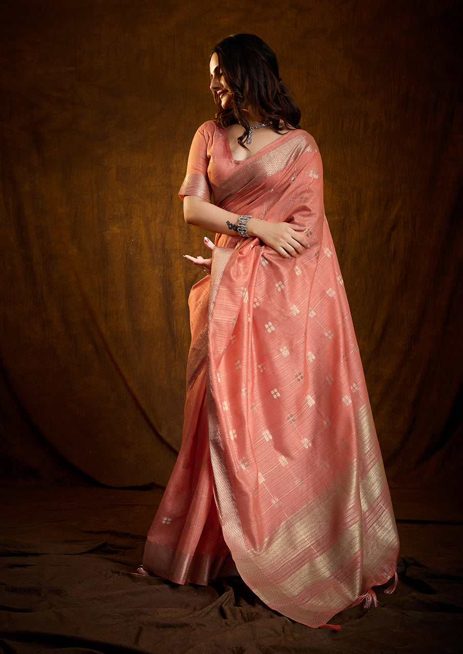 Peach Pink Linen Cotton Silk Saree with Silver Accents