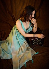 Charming Seafoam Blue Linen Cotton Silk Saree