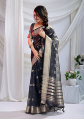 Midnight Bloom Silk Zari Butta Saree In Grey Color