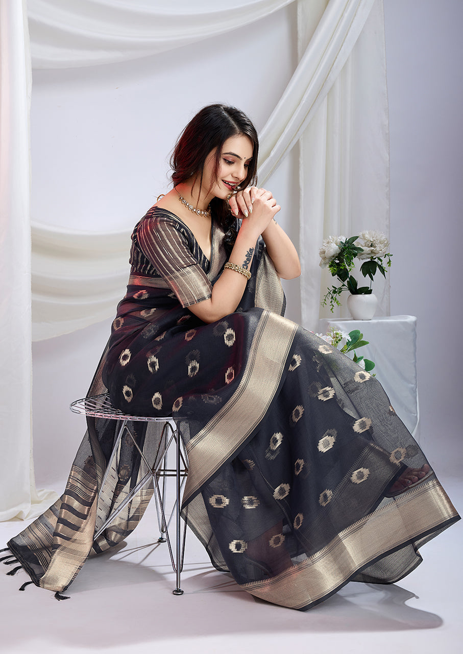 Midnight Bloom Silk Zari Butta Saree In Grey Color