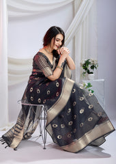 Midnight Bloom Silk Zari Butta Saree In Grey Color