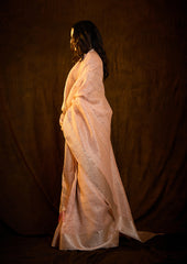 Peach Blossom Linen Silk Saree with Bold Line Weaving