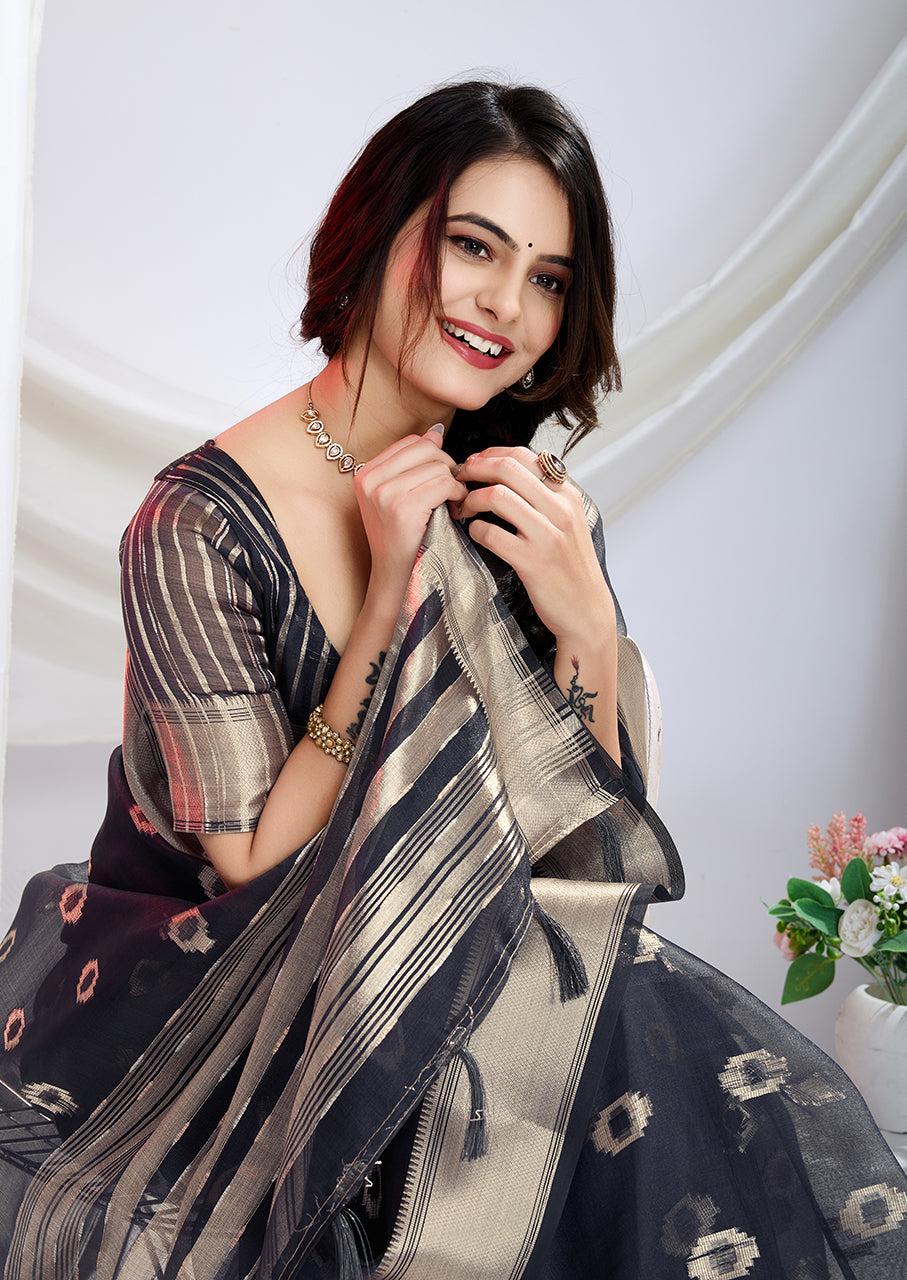 Midnight Bloom Silk Zari Butta Saree In Grey Color