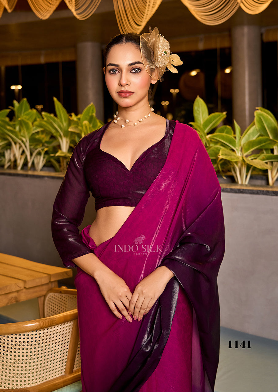 Magenta & Plum Gradient Fendy Satin Saree with Digital Print