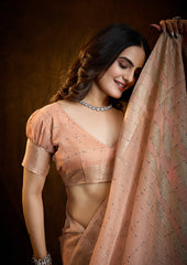 Peach Blossom Linen Silk Saree with Bold Line Weaving