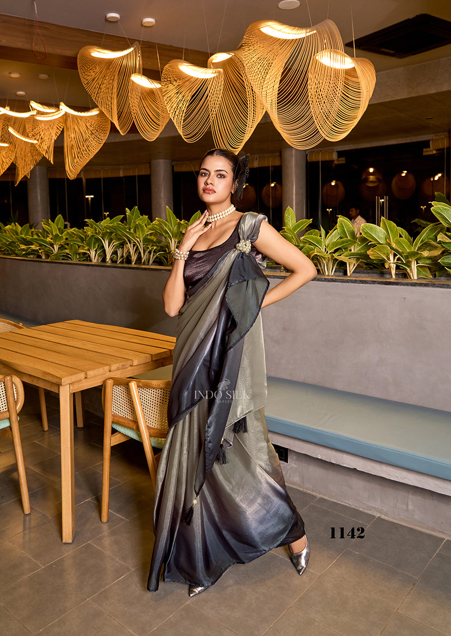 Dark Grey Fendy Satin Saree with Ombre Silver Fade – Digital Print