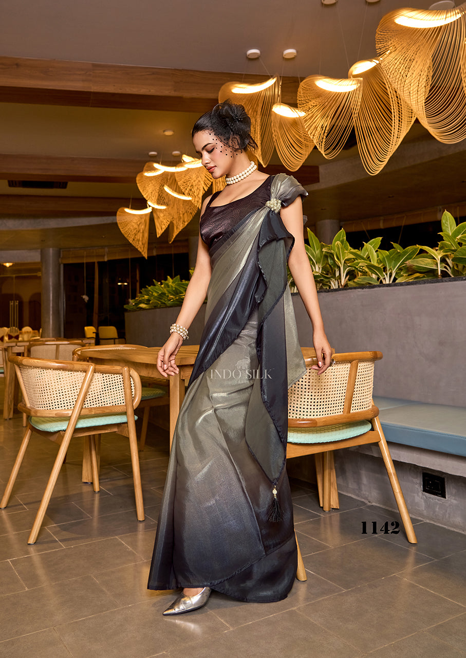 Dark Grey Fendy Satin Saree with Ombre Silver Fade – Digital Print